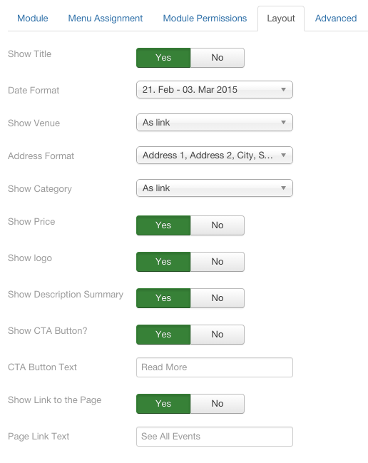 Layout options in Event list module