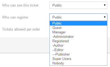 List of Joomla groups which will be able to register for the event